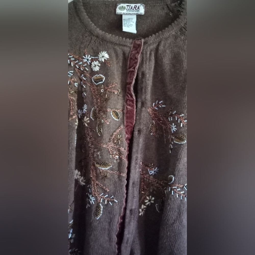 TIARA International Rich Brown Beads Embroidery Velvet Facing Cardigan-Size: M - Picture 12 of 15